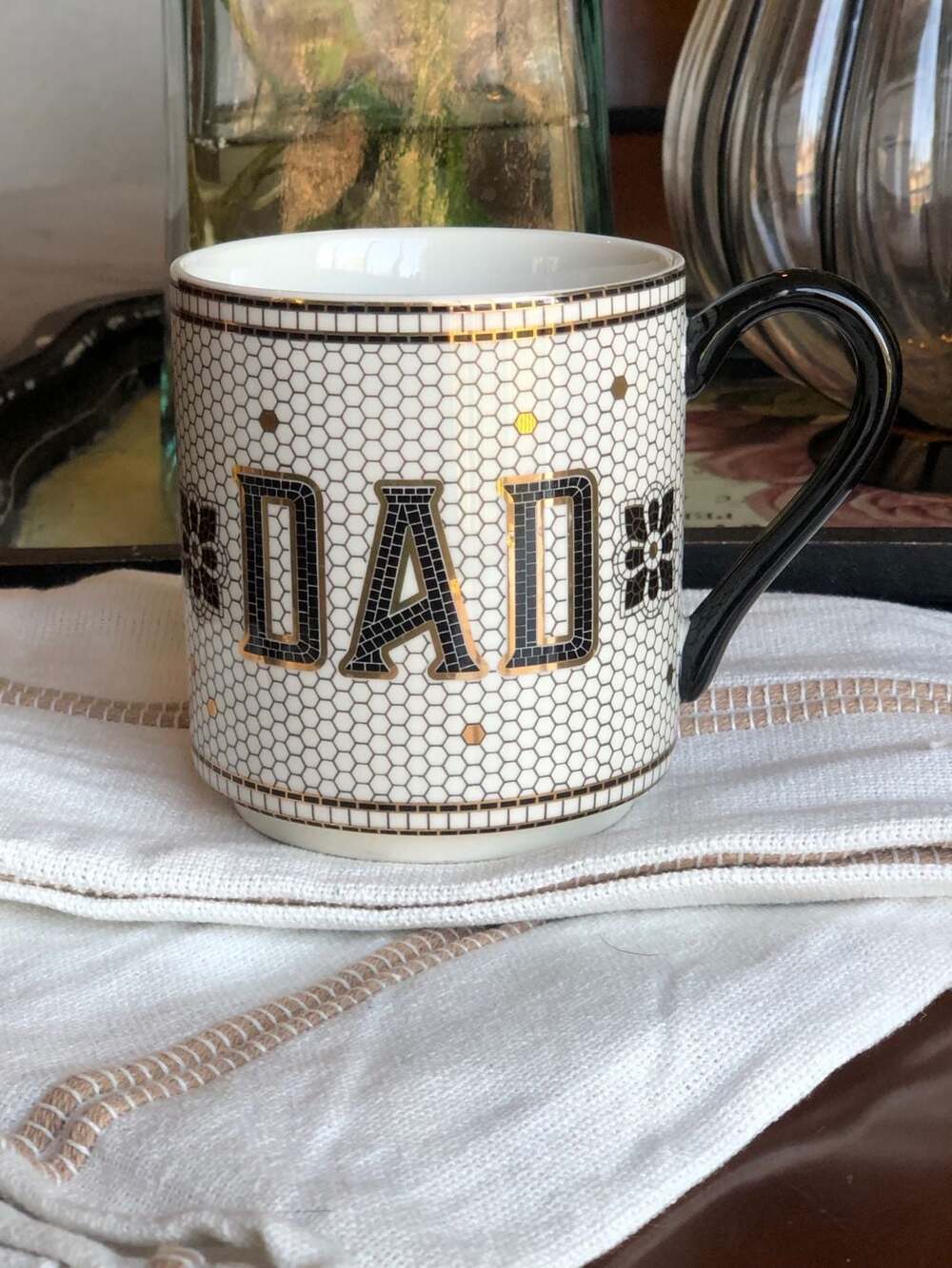 Anthropologie Bistro Tile Collection Stoneware DAD Mug with 24K Gold Accents